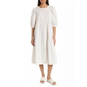 ZARA Dress Womens Size L White Tiered Puff Sleeve Midi Tie-Back Bohemian Flowy